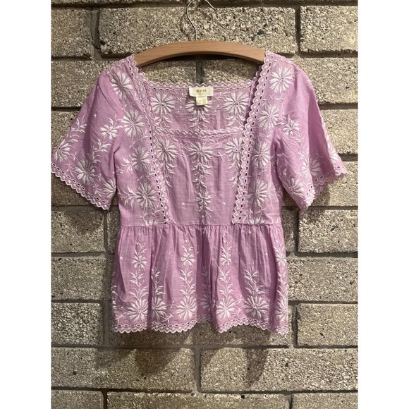 Maeve By Anthropologie Purple Embroidered Floral Peasant Blouse Top Womens XS Bo - Picture 1 of 11